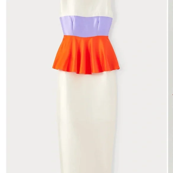 Destree Cream and Orange Peplum Ruffled Midi Cocktail Dress. Style name: Cy - Picture 3 of 6